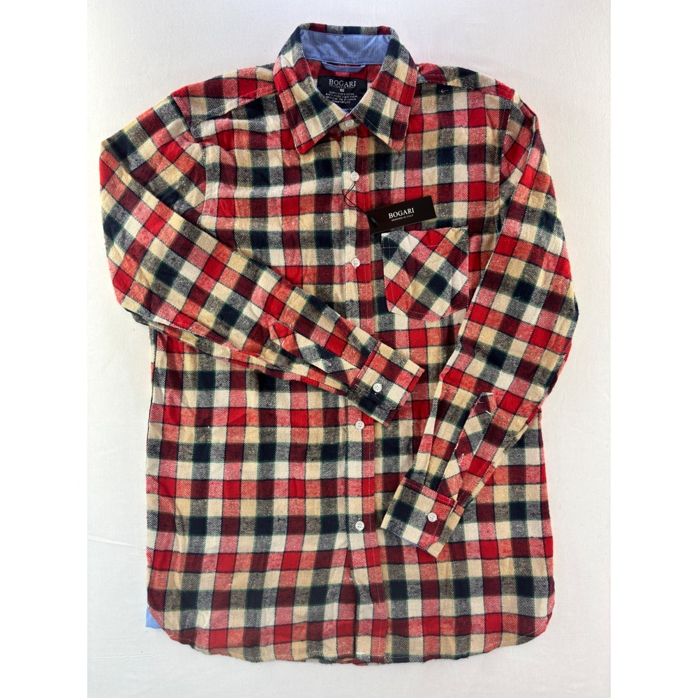 Bogari Mens Red Tan Navy Plaid Flannel Button Down Up Shirt Small NWT dsgn Italy